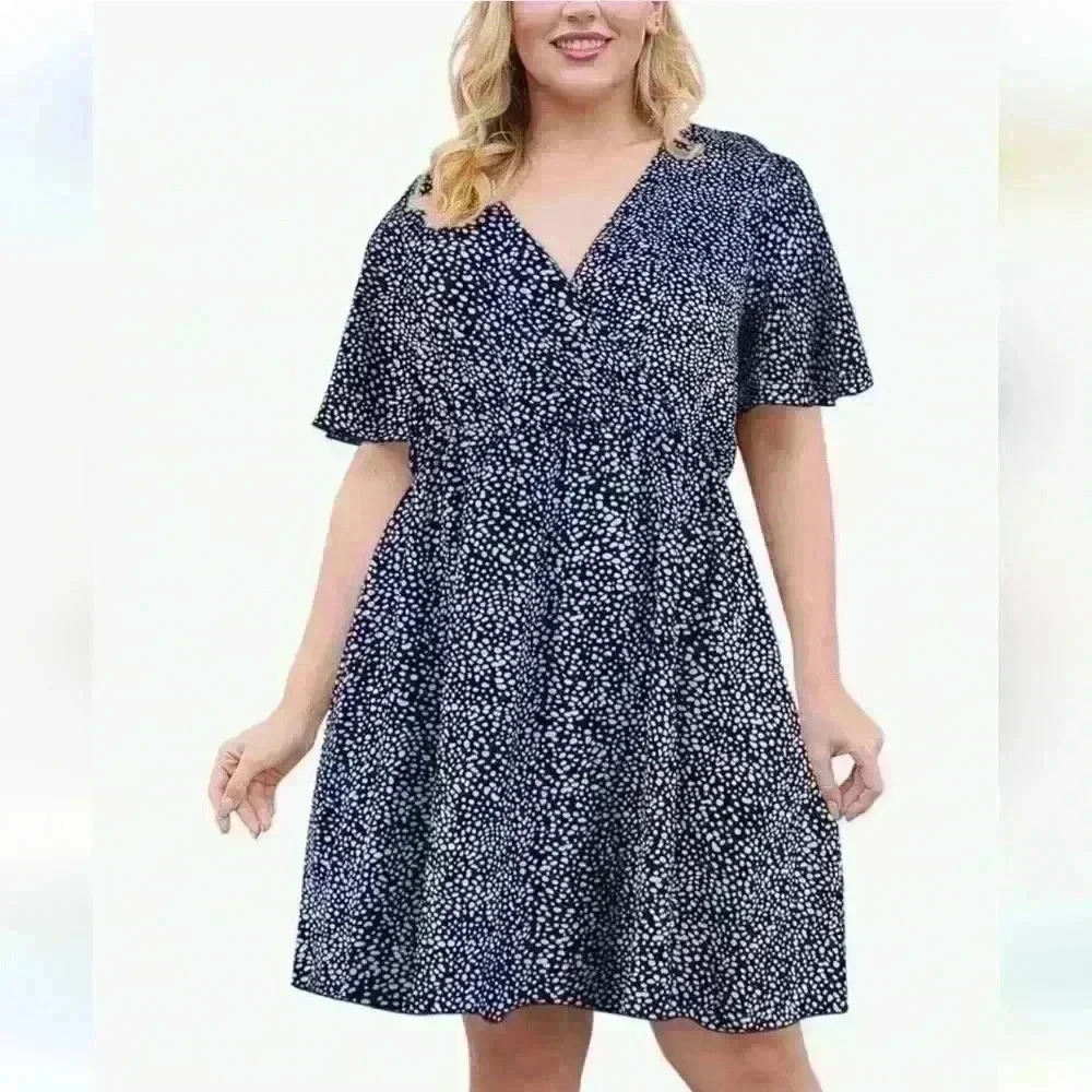 NEMIDOR | Women's Navy/White Dot Casual V-Neck Faux Wrap Midi Dress